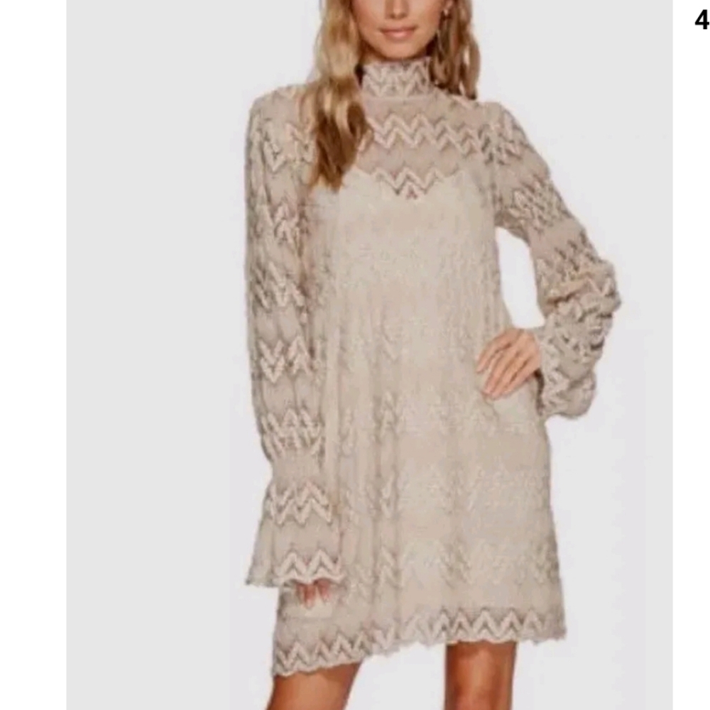 Free People Simone Long Sleeve Lace Mini Dress Neutral Bell Wrist Size Small